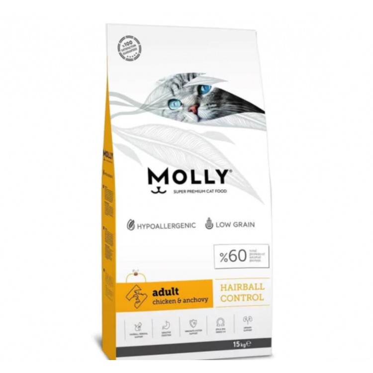 Molly Hairball Control Hypo-Allergenic Tavuklu ve Hamsili Düşük Tahıllı Yetişkin Kedi Maması 15kg